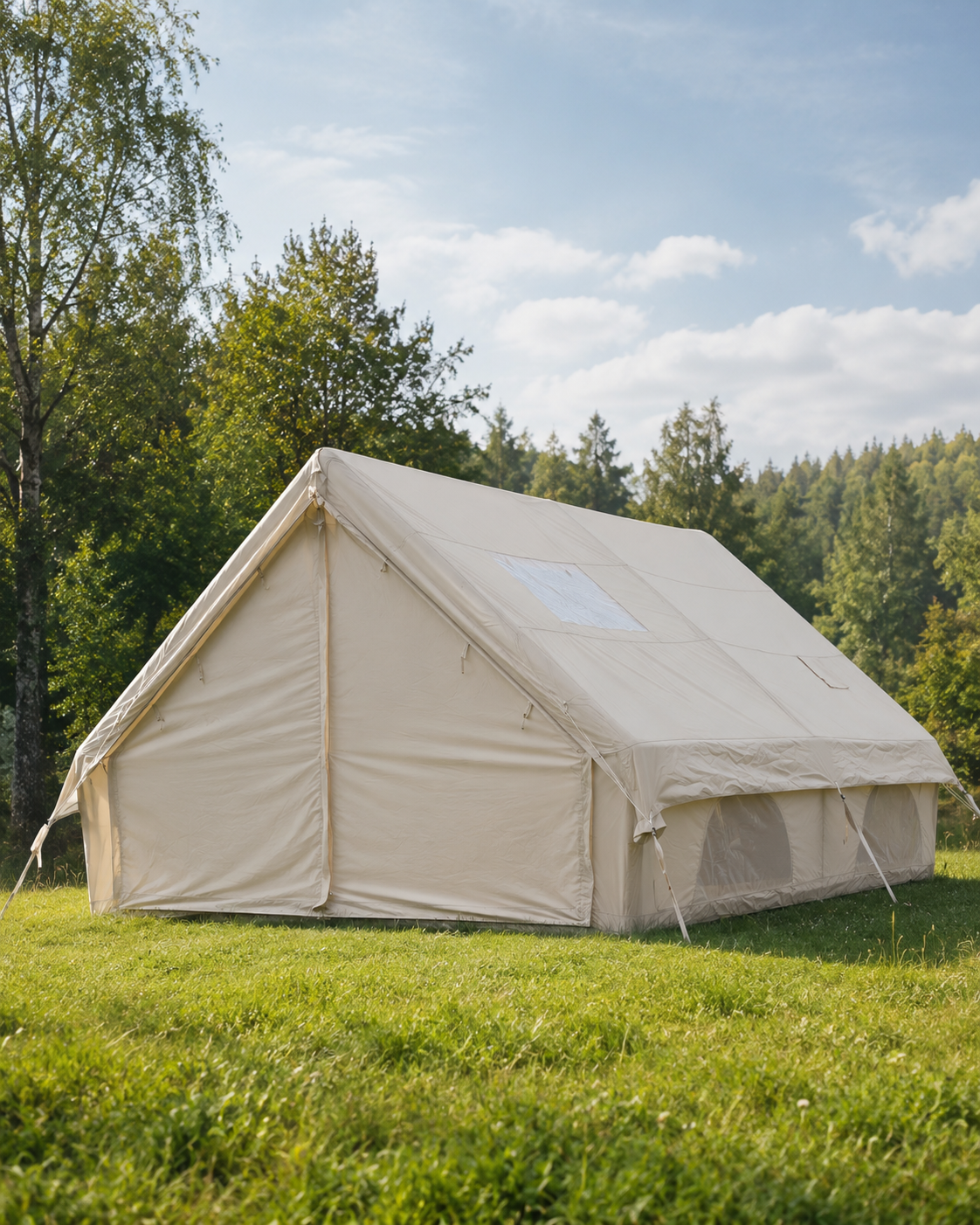Ett rymligt canvasfamiljetält i ljus beige står på grönt gräs med skog och blå himmel i bakgrunden