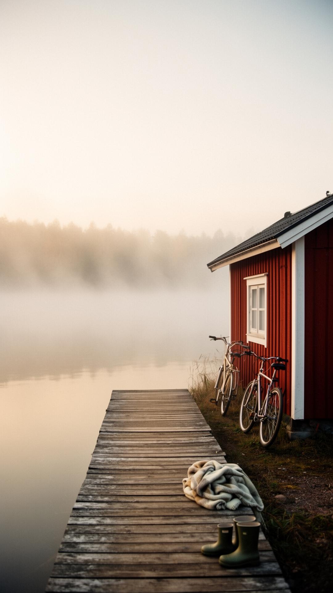 En förälder och två barn på en brygga vid en stilla sjö i morgondimma